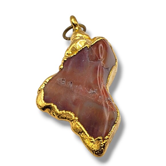 Vintage Gold Plated Natural Stone Pendant Irregular Shaped Brown Orange Marbled - Picture 1 of 7